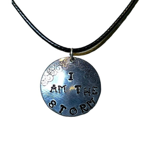 Handmade stamped silver I am the storm adjustable‎  charm black cord necklace